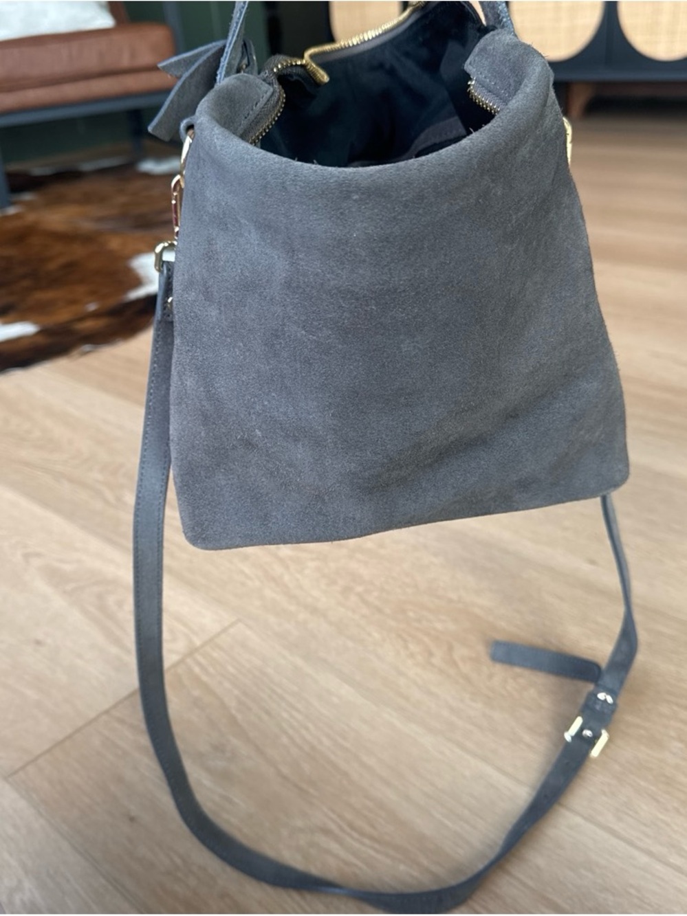 Claudia Firenze Italian Leather- Made in Italy, Gray Suede Crossbody Bucket Bag